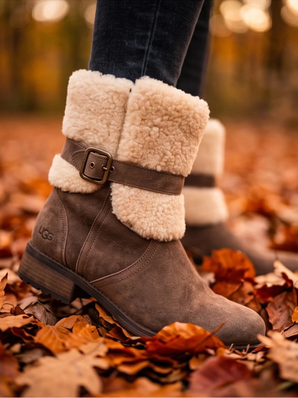 Ugg Blayre II Sheepskin & Suede Espresso Mid Calf Boots, Buckle Side Zip Sz 8.5